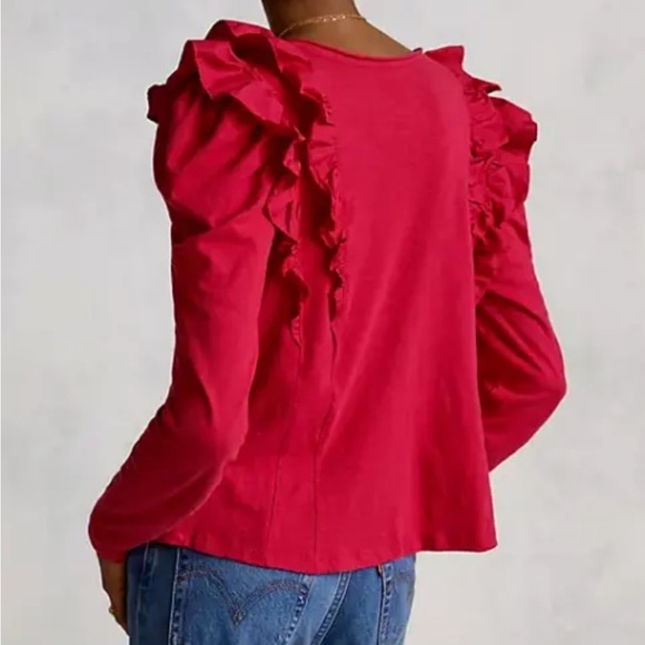 ANTHROPOLOGIE Ruffled V-Neck Top Blouse Long Sleeve Pink Tee Cotton ANTHRO NEW - Picture 2 of 3